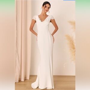 NWT Lulus Forever Beloved White Lace Cap Sleeve Mermaid Maxi Dress